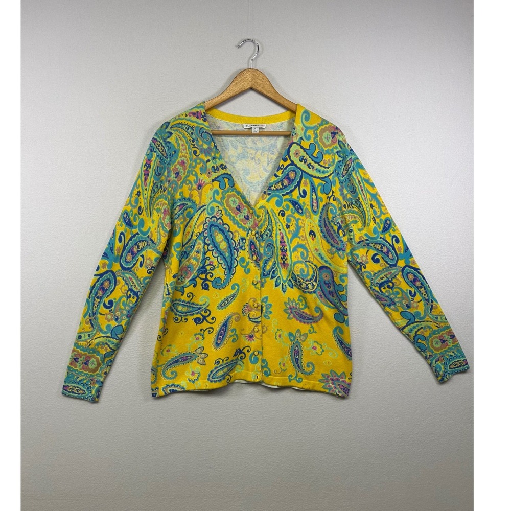 Boho Isaac Mizrahi Live Womens Med Yellow Paisley V-Neck Button Cardigan Sweater